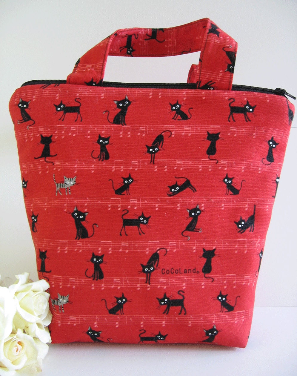 Music and Black cats / Insulated Lunch Bag / lunch Tote / teachers lunch bag/ red lunch sack
