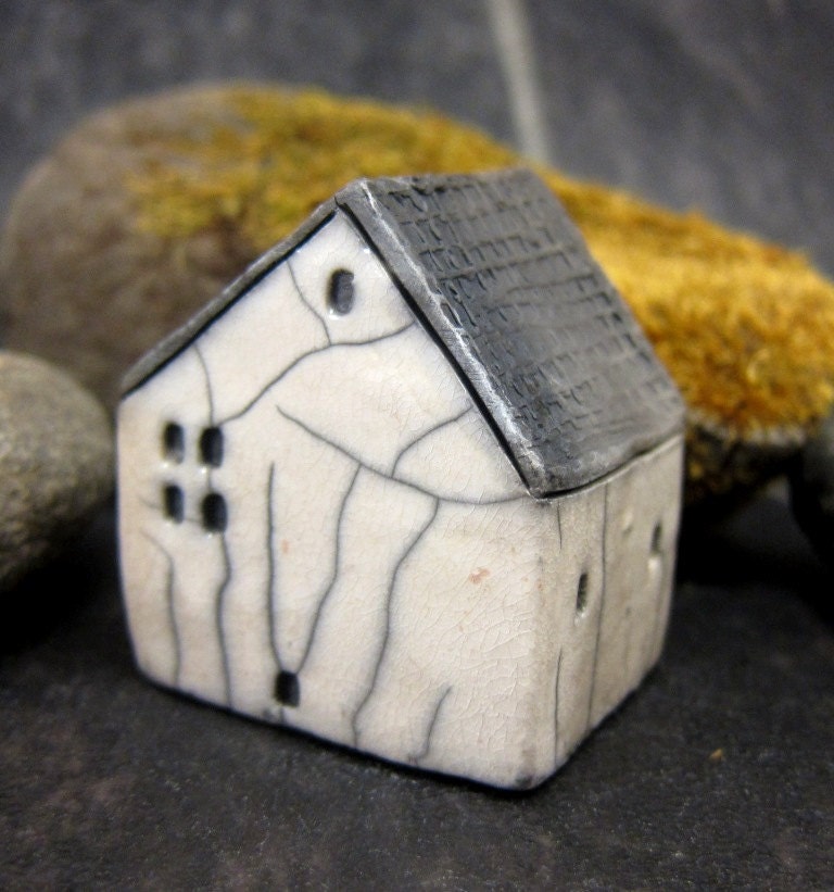 Rustic White Cottage...Raku Fired Miniature House