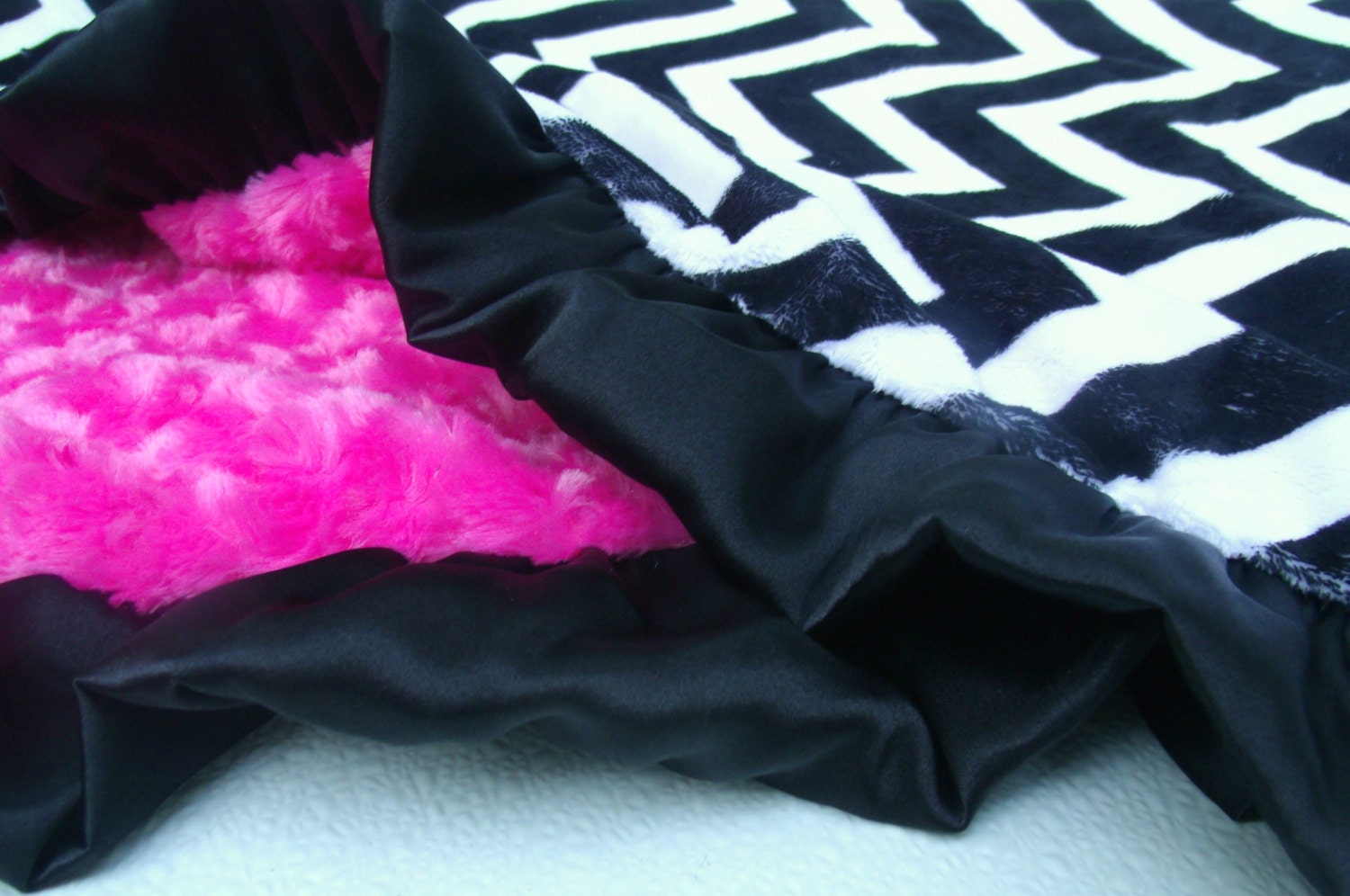 Black  White and Pink Chevron Minky Baby Blanket  With Fuchsia Rose Swirl