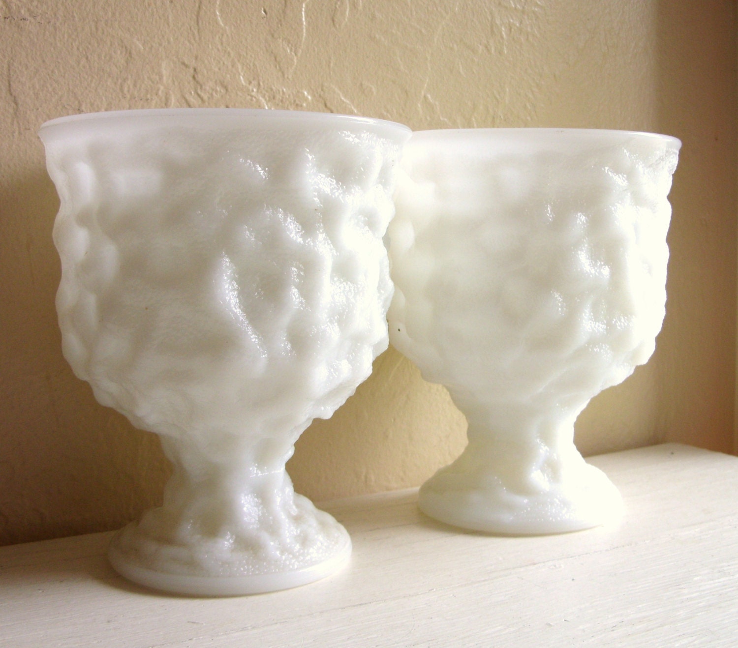 Pair of Matching Milk Glass Vases Compotes White Pedestal Bowls