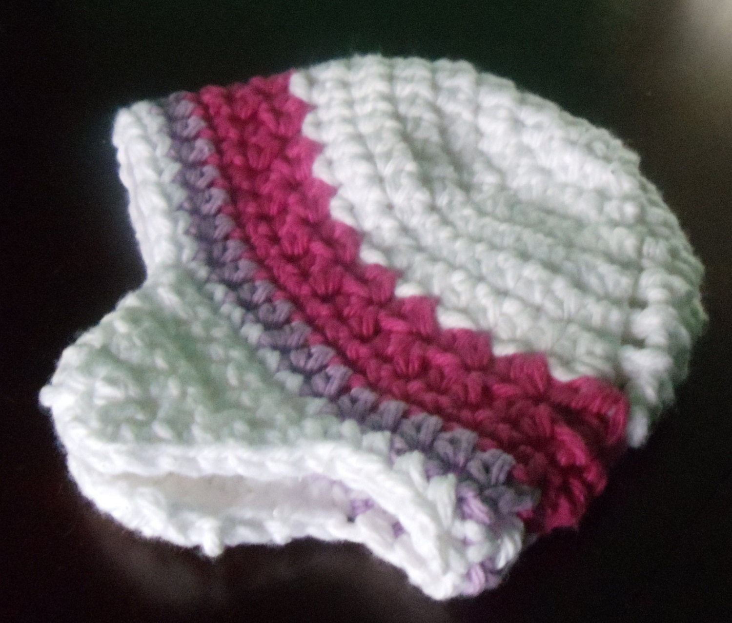 American Girl Doll Clothes - Crocheted Beanie with Ear Flaps - White, Purple, Pink