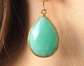Statement earrings - gold earrings - large green stone earrings - green chalcedony earrings - green bridesmaid jewelry - gold jewelry