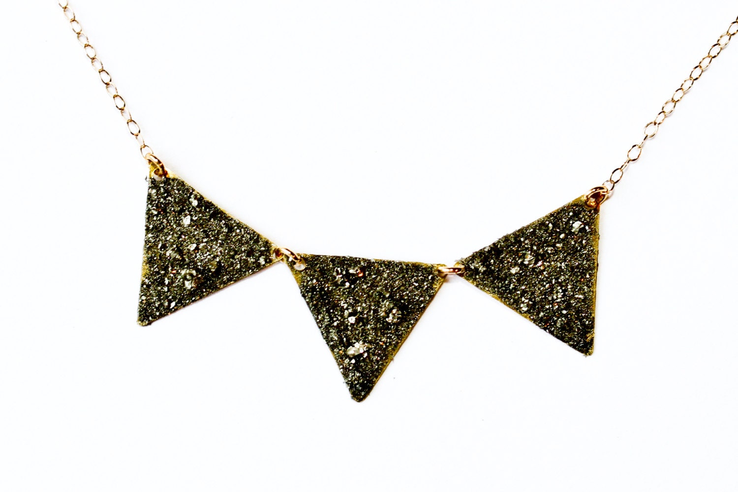Gold triangle necklace - pyrite necklace - pyrite jewelry - gold necklace - gold jewelry - gold bunting necklace - pyrite bunting necklace