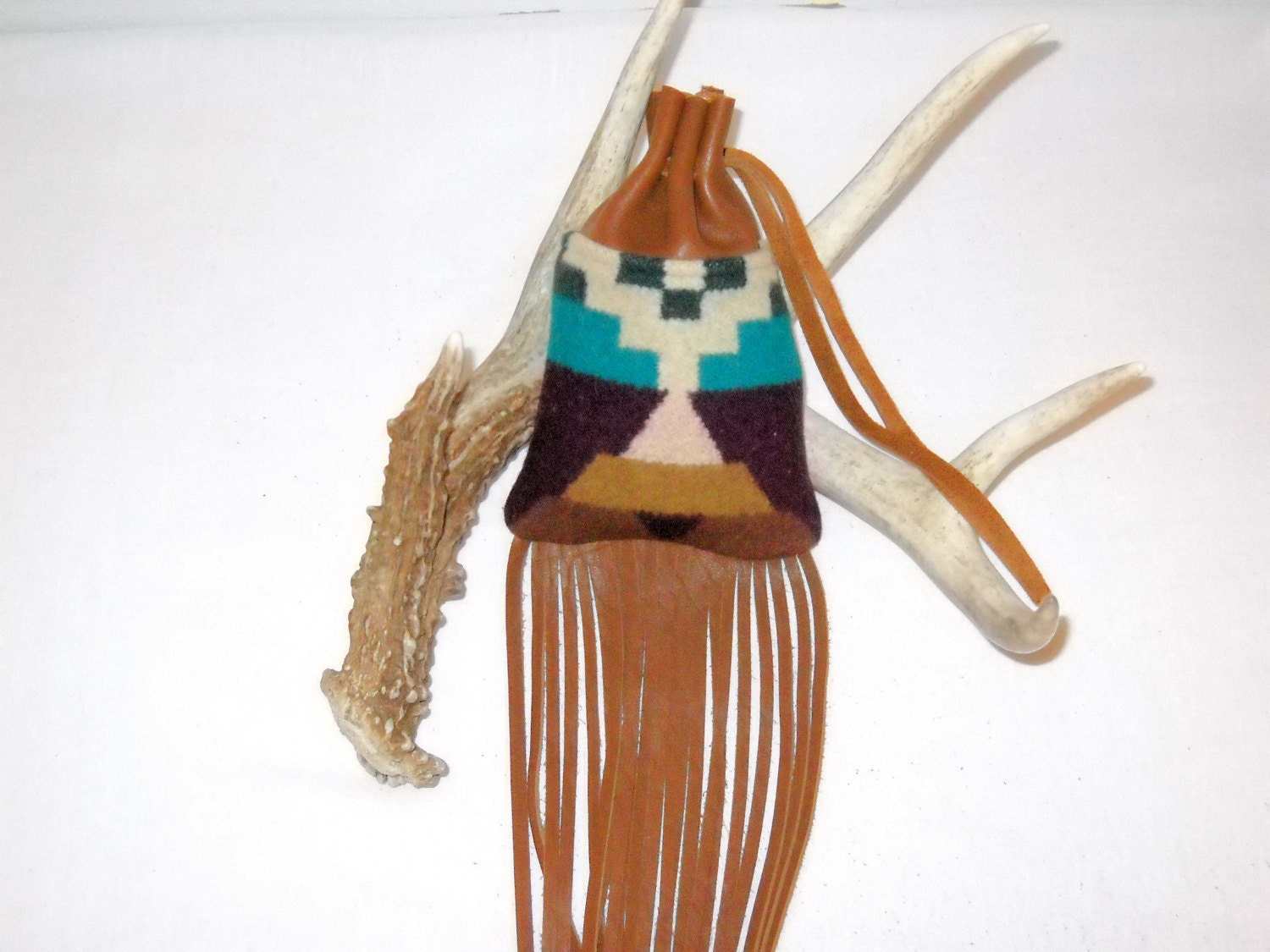 Fringed Possibles Bag / Cedar Bag / Medicine Bag Large Wool and Leather Brown & Winter White