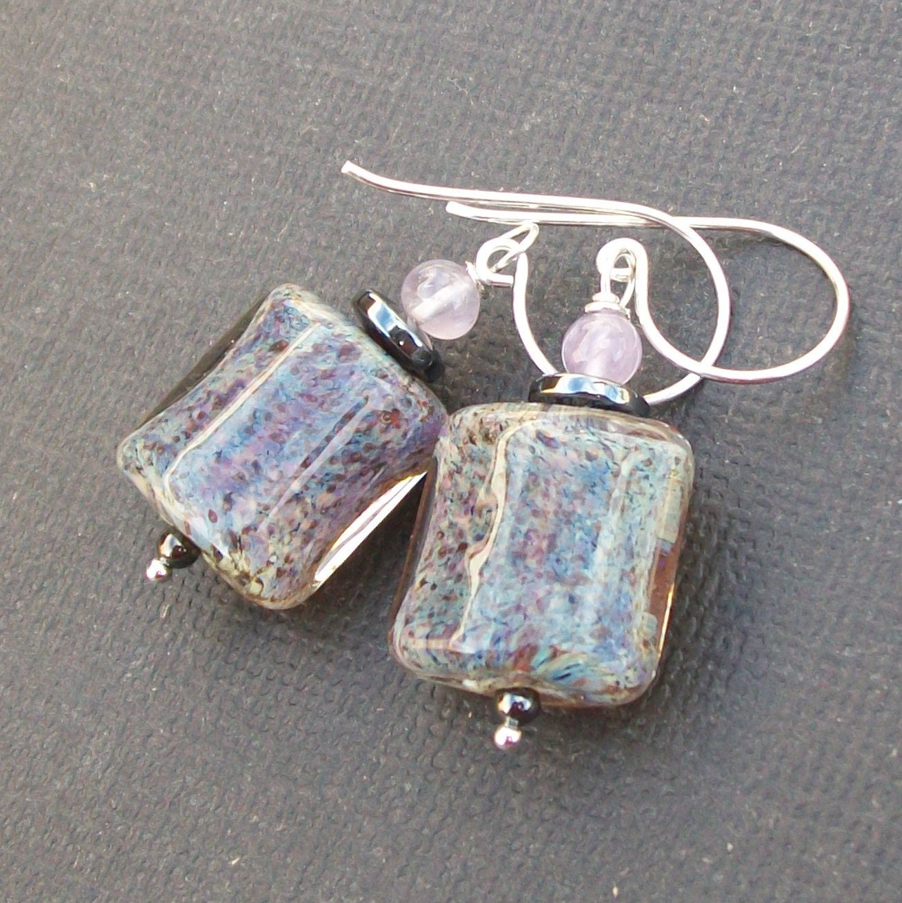 lampwork earrings purple charcoal, lavender spotted  kalera shaped beads- smokey lav
