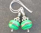 lampwork glass earrings  gorgeous green with ivory silvered stripe-  emeralda