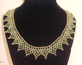 Beaded Collar Necklace with Green White Silver Seed Beads all Handmade and Vintage