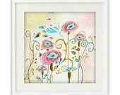Flower Art Giclee Print, Floral Art Home Decor, Whimsical Wall Art, Light Blue Pink Pastels 13x13