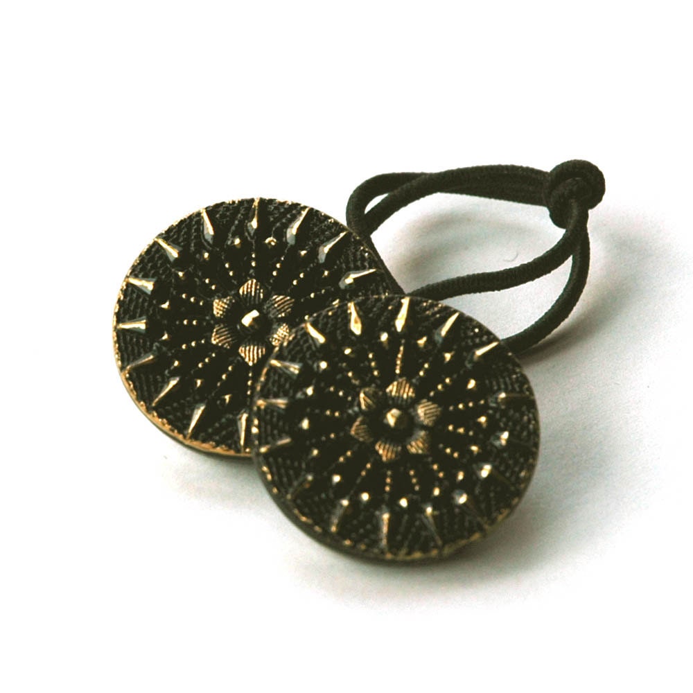 Ponytail Holder Hair Accessory - Floral Motif in Black and Gold, Vintage Buttons
