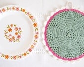 NEW Granny chic kitchen decor, Agnes cotton crochet pot holder in pretty pastel green, neon pink & cream - MADE to ORDER, by Emma Lamb