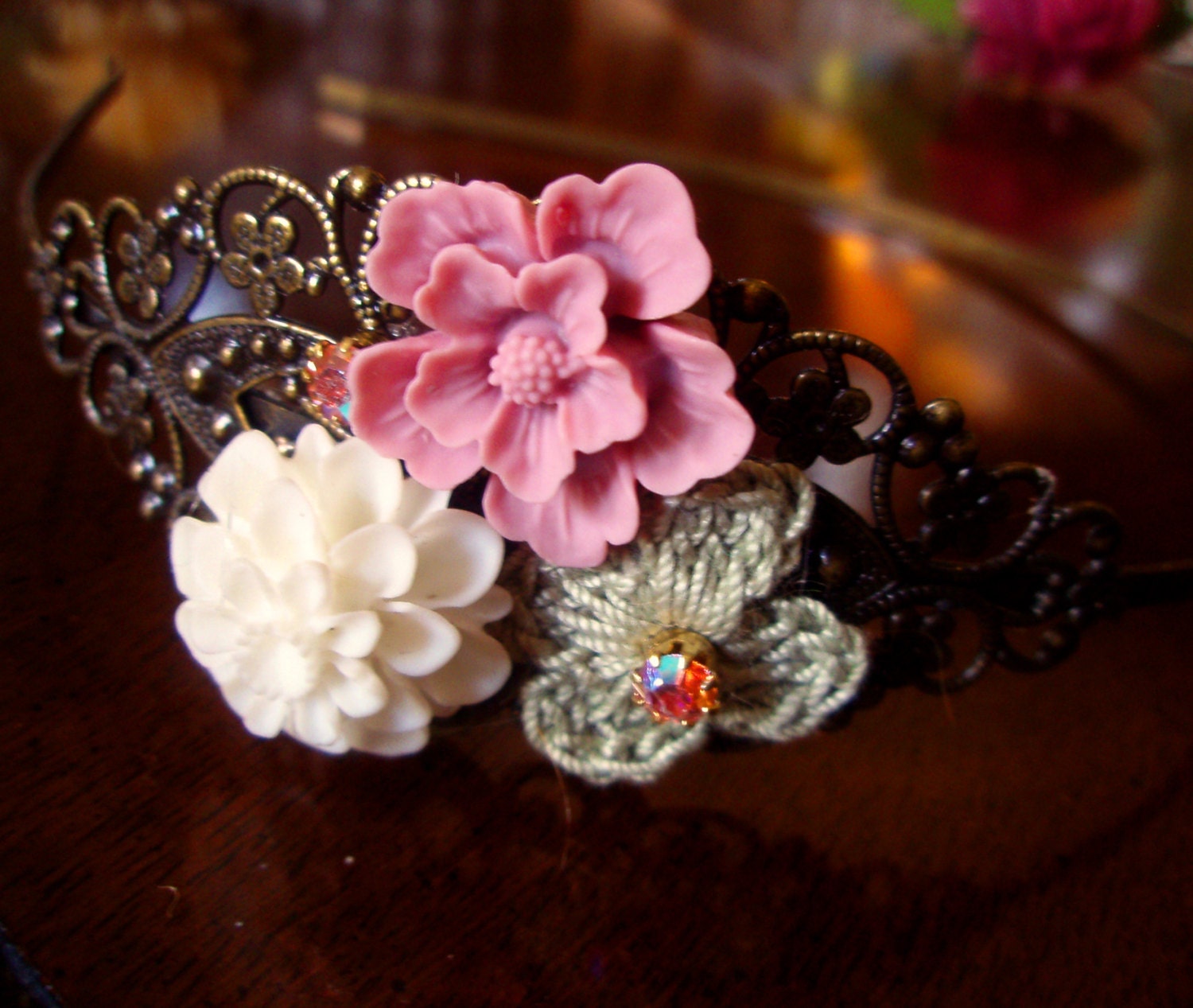 Headband - Swarovski Crystal, Crocheted Flower, Cabochon Flower And Antiqued Brass Headband - One of a Kind - Metal Headband