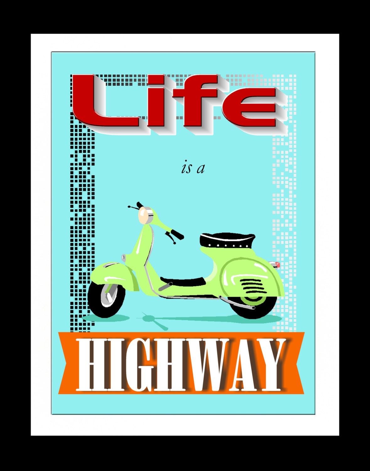 Scooter, Vespa, Poster Art Print, Retro,Mod, Colorful, Green,Child, Mid Century Modern, Typography, 11x14