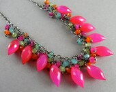 Chalcedony, Quartz and Carnelian Oxidized Sterling Silver Cluster Necklace - Fruit Punch