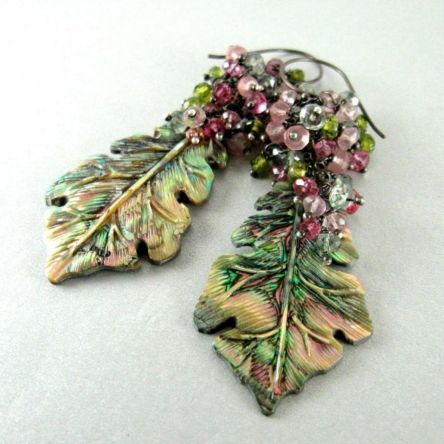 Carved Abalone and Gemstone Cluster Sterling Silver Wire Wrapped Earrings