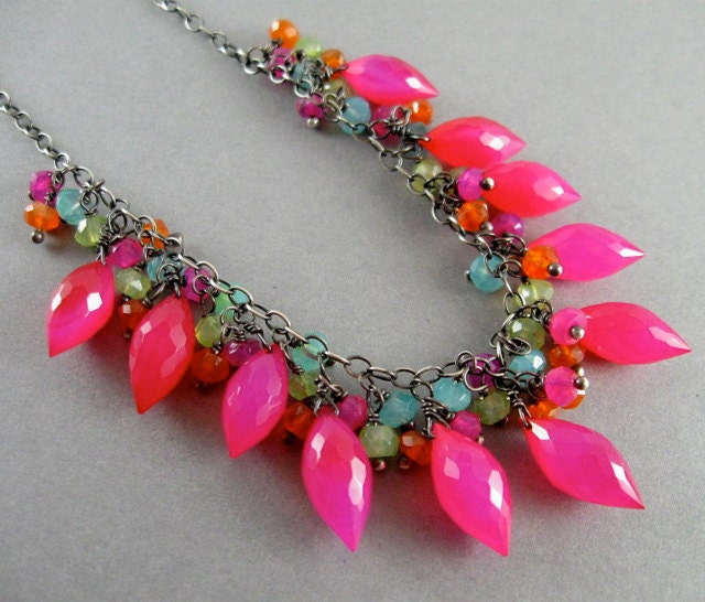 Chalcedony, Quartz and Carnelian Oxidized Sterling Silver Cluster Necklace - Fruit Punch