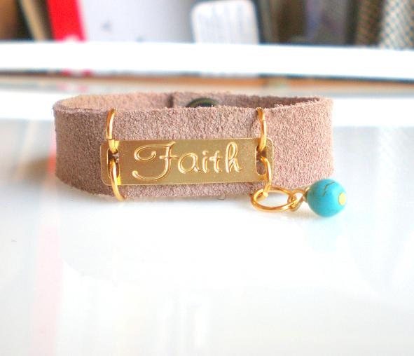 Light Brown Suede Leather Cuff Bracelet. Gold Faith Stamped Bracelet. Best Friend Bracelet.Friendship Bracelet. Turquoise Bead.