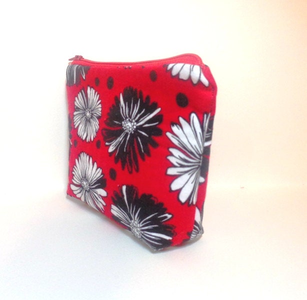 Medium Zipper Pouch Pencil Case Cosmetic Pouch Toiletery Bag Red and Black Graphic Flowers