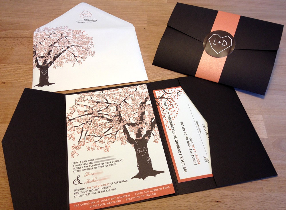 SAMPLE of Fall Oak Tree Pocketfold Wedding Invitations, Rustic and Modern