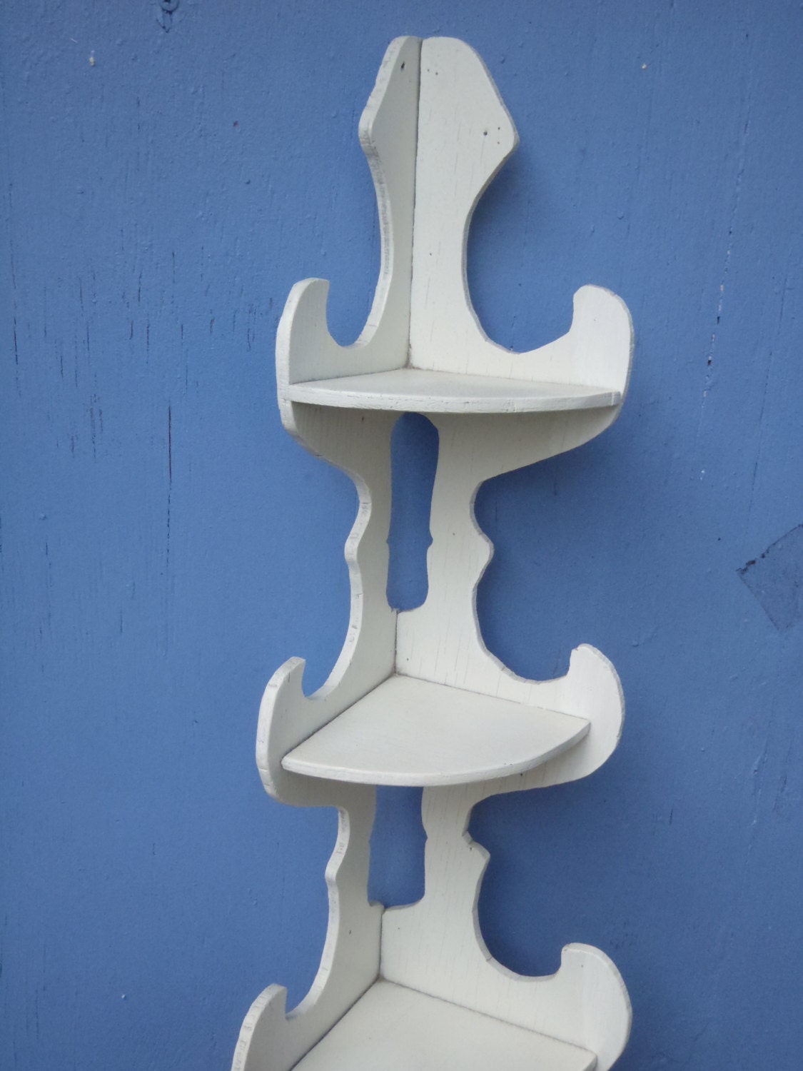 Vintage Wooden Corner Curio Shelf White Three tiered Handmade