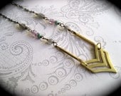 Pastel Chevron Necklace - long brass necklace with a spring pallet of moonstone, amethyst, and amazonite