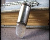 Bullet shell and tumbled quartz crystal necklace. Upcycled, found object, post-apocalyptic jewelry. Free US shipping.
