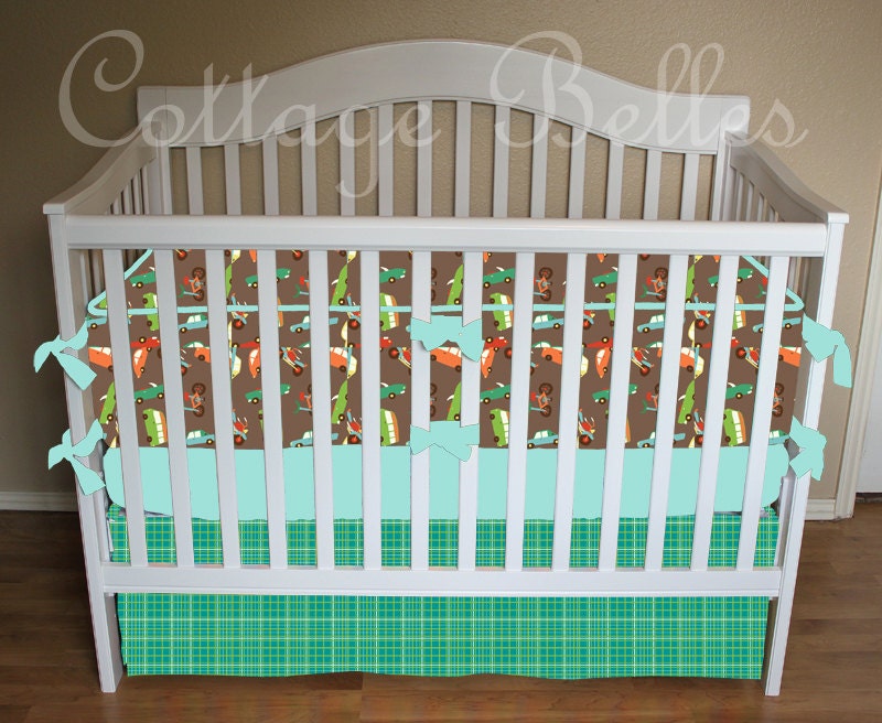 Custom Crib Bedding Set - Wheels 2 -  Bumpers,  Sheet, Skirt  by Cottage Belles