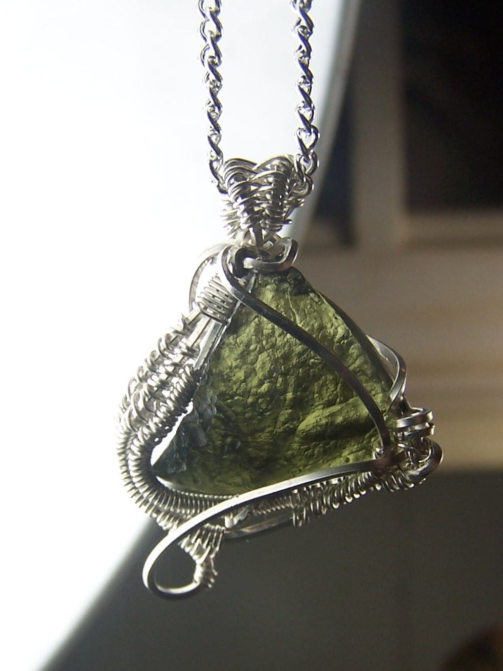 Moldavite - wire wrap - necklace - pendant -  Sterling SIlver  - Moldavite pendant necklace - genuine - crystal - meteorite  large intricate