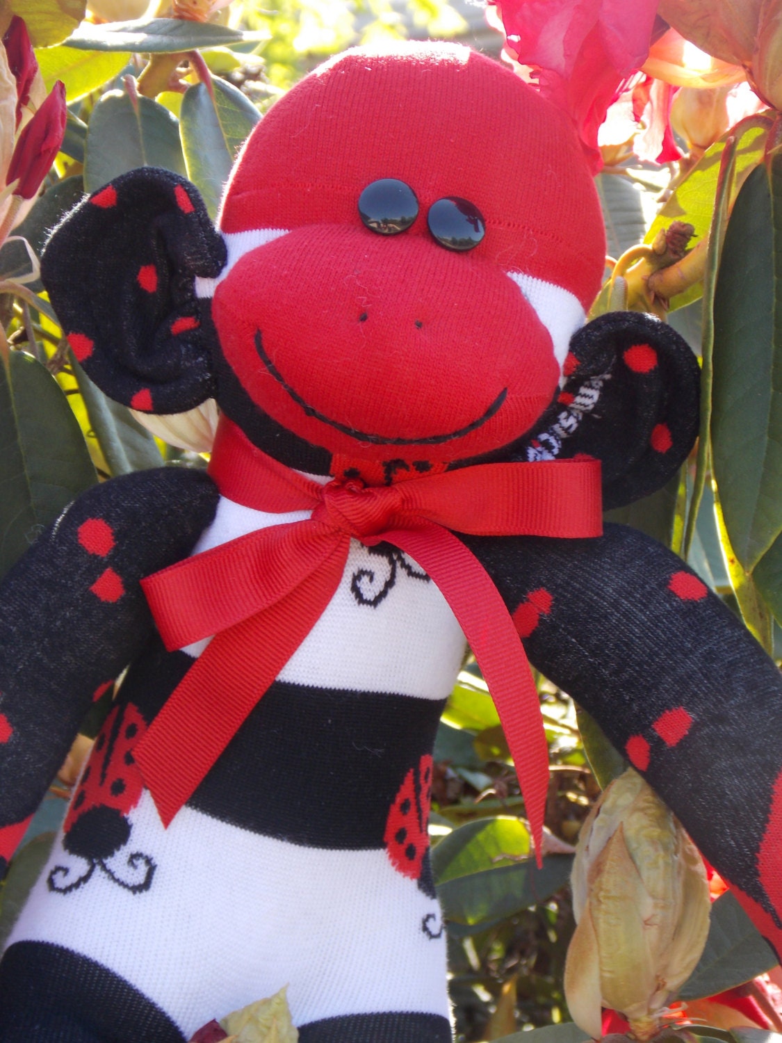 Ladybug Sock Monkey.  Black and White Stripes with Ladybugs.  OOAK.