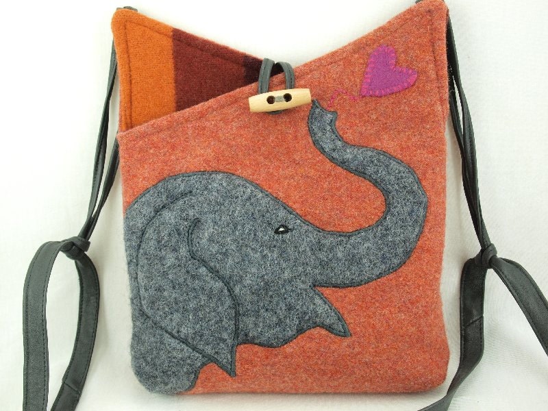 Elephant Shoulder Bag Upcycled Wool Tote Orange and Grey Applique Adjustable Leather Strap Eco Friendly