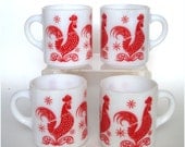 Vintage Hazel Atlas Glass Red Roosters Coffee or Tea Mugs Set of 4