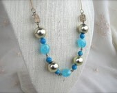 Gold Bubble Necklace. Sky Blue, Gold Necklace. Gold Chain. Big Vintage Bubble Beads. Shimmery Blue Stones. Beach Necklace. Summer Fashion.