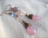 Pastel Pretty Mismatched Earrings. Pale Pink, Lavender. Wire Wrapped Briolette Earrings. Heart Earrings. Long Earrings. Pink and Purple.