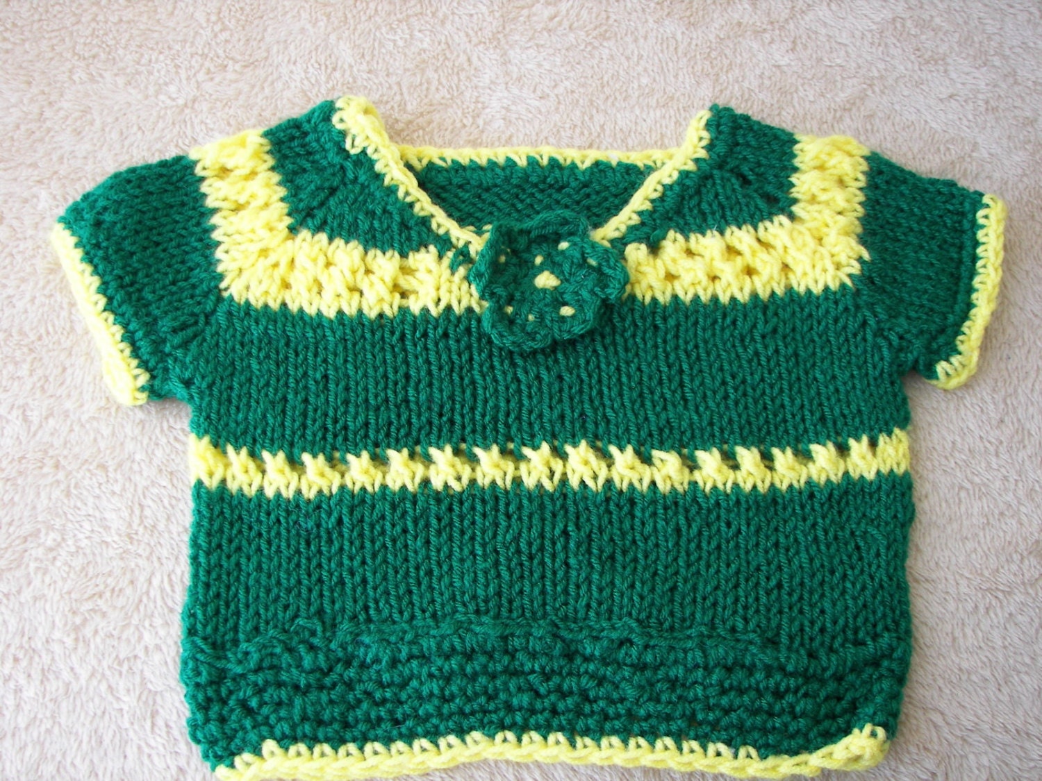Short Sleeve Sweater for a Girl in Green & Yellow HAND KNIT in USA