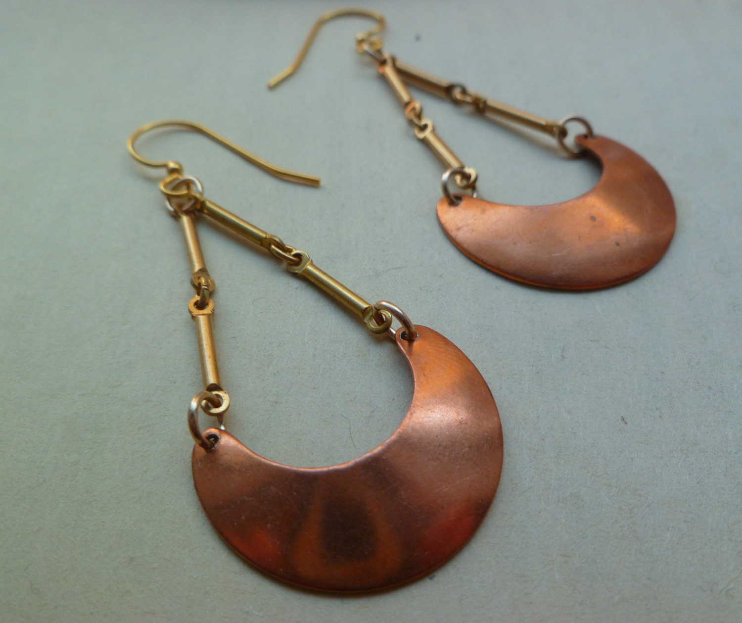 Half moon earrings, copper and brass dangle earrings