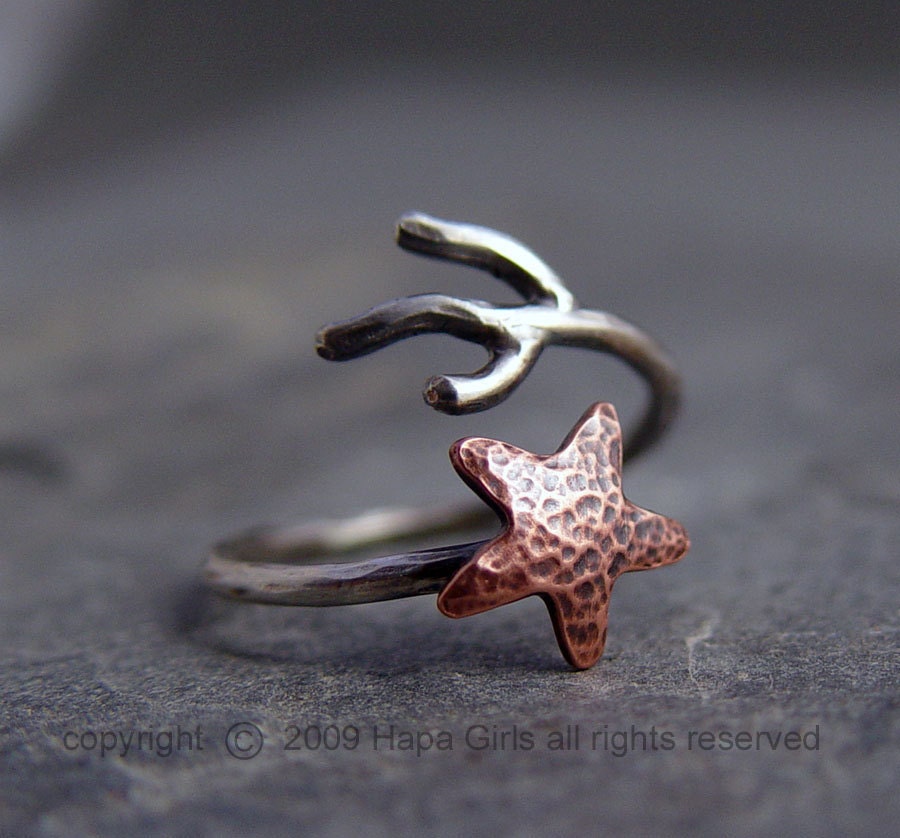 Copper Starfish Coral Branch Adjustable Ring, Star ring, Starfish Ring, MADE to ORDER, Ocean Jewelry, Gifts under 40.00, Handmade