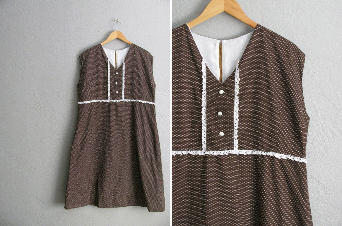 vintage handmade '60s-style chocolate brown POLKA DOT & EYELET sleeveless midi dress. size 1x.