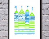 Tiny Towers silkscreen print - blue and lime green