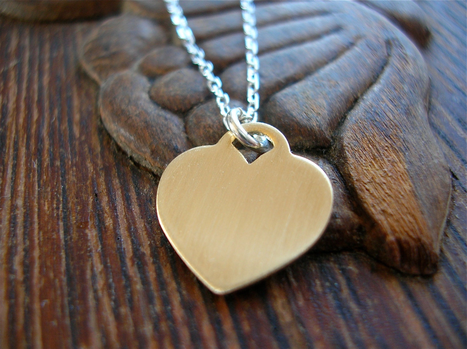 Love is Simple Small Golden Brass Tiffany Stye Heart on Sterling Silver Chain