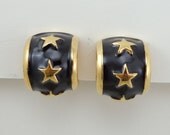 Vintage Navy Star Earrings Signed FLP Gold Tone Clip On Designer Enamel