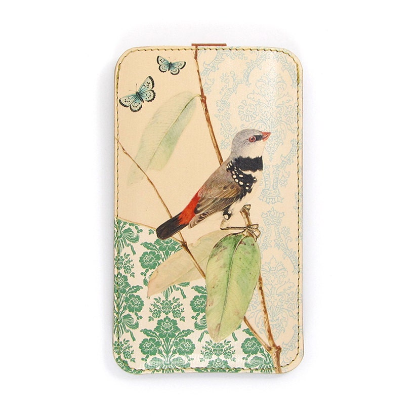 Leather iPhone  / new iTouch Case - Bird on branch with butterflies