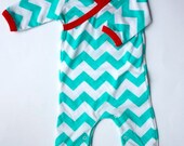 Newborn Kimono Style Romper Blue Chevron Romper with Red Trim