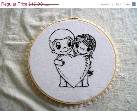 MEMORIAL DAY SALE Hand Embroidery Art, Love Couple, Hoop Art, Embroidery, Mounted in Hoop,