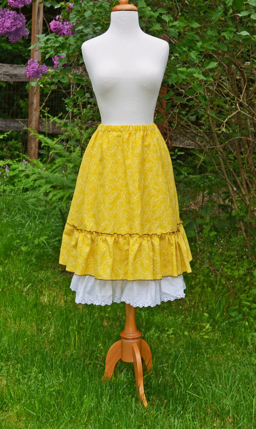 Sunny Yellow Organic Cotton Hemp Eco Friendly Ruffle Prairie Peasant A Line Skirt Lemon Floral Mori Girl Boho Spring Summer Short Skirt