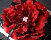 Ring Pillow - White Satin Ring Bearer Pillow with Black Ribbon, Lace and Red Flower - Alice