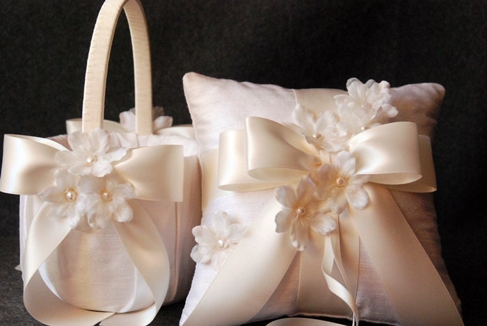 Ring Bearer Pillow and Flower Girl Basket Set - Ivory Silk with Ivory Flowers - Amy