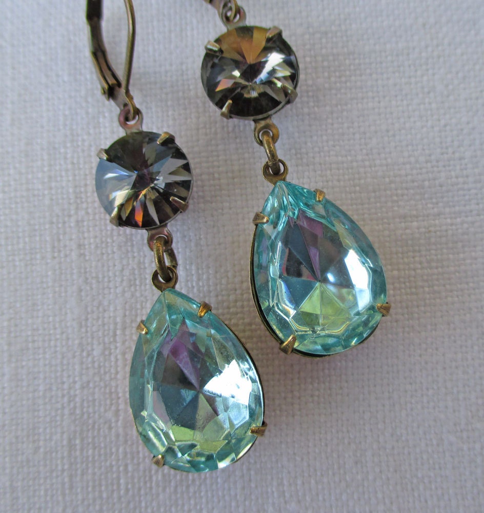 Angelina Jolie Inspired Aqua Blue Earrings Bridesmaid Gift  Grey Gray Crystal Jewelry Rhinestone Old Hollywood  ANGELINA Aqua