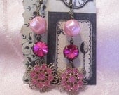 Vintage Fuschia Pink Round Rhinestone Dangle Earrings