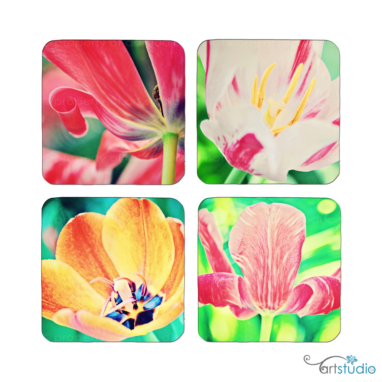 Coasters - Set of Four - Tulip Flower Garden Photograph Pink Yellow Orange Purple White - Cork Bottom - Made by artstudio54