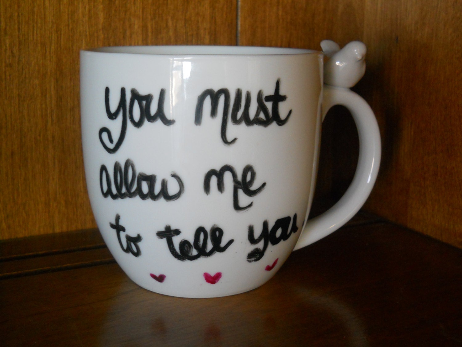Pride and Prejudice quote mug-Perched bird Cafe au Lait xlarge mug-Made to order- LAST ONE
