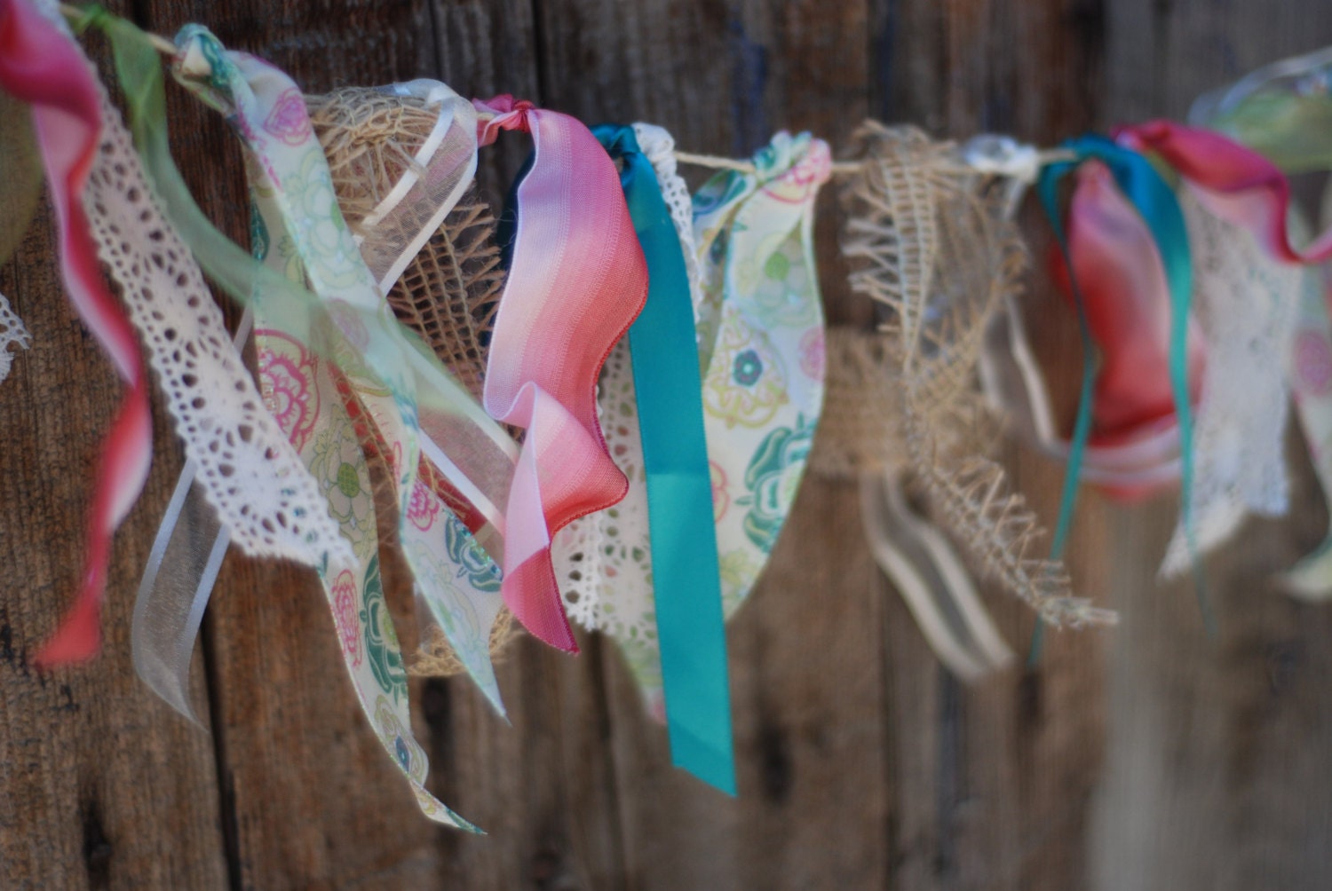 Ready to Ship - Teal and Hombre Pink Ribbon Bunting Garland - Floral Fabric - Birthday Party - Photo Prop - Bedroom Decor - Lace and Burlap